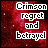 Crimson red background with white pixelated text reading "Crimson regret and betrayal" in a of repeated