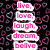 Pixelated icon with pink text on white banners against black background, surrounded by purple and gray heart shapes.