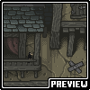 Pixel art scene of a wooden house with stone roof, red curtains visible through window, and X-shaped cross on ground; repeated with 'PREVIEW' text at bottom right