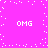 Pixelated pink background with white 'OMG' text in four corners and scattered white dots forming a central vertical pattern.