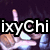 Pixelated image with dark purple background, white text 'ixyChi' on black bar, and abstract shapes in pink, blue, and brown.