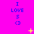 A bright pink background displays three vertical of blue text reading "I LOVE S <3" with scattered yellow pixelated stars and crosses. The animation shows varying star and cross positions across frames