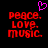 Pixelated red text reading "peace. love. music." with a pink heart symbol above the text on a black background.
