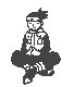Pixelated character in traditional attire with dynamic facial expressions and floating text bubbles across four