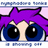 Pixelated character with purple hair and large blue eyes appears on a purple background with text indicating online status.