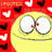 A yellow circular face with large white eyes and a thin mouth, surrounded by red background elements including black and white heart shapes.