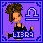 Pixel art contact sheet of six animated frames showing a cartoon woman with curly brown hair in a black sleeveless top against a purple background, each frame displaying the word "LIBRA" and the Libra zodiac symbol.