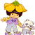 Pixelated cartoon character wearing a large yellow hat with green top, purple shirt, light blue pants, and purple shoes holding a small white dog-like creature.