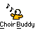 Pixelated character in yellow shirt with one large eye, two musical notes above, and 'Choir Buddy' text below on gray background.