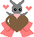 Pixel art of a gray rabbit-like doll with pink cheeks holding a brown heart, surrounded by pink hearts and pink wing-like shapes on a gray background.