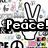 Pixelated icon with 'Peace!' text above a peace sign, 'Rock!' below guitars, and 'Love!' over layered hearts.