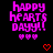 Pixelated text 'HAPPY HEARTS DAY!!!' in bright pink with three small purple hearts below, set against a black background.