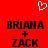 Red background with white pixelated heart above black pixelated text reading 'BRIANA + ZACK' in two identical side-by-side arrangements.