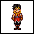 Pixelated character with dark spiky hair, yellow headband, red torso, brown sleeves, black shorts, and brown boots on white background.