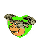 Pixelated heart-shaped icon with cartoon character face, green and red background variations, and visible animation changes between frames.