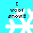 Four identical pixelated snowflakes on cyan background with black text "I woof snow!!!" above each