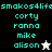Pixelated text list with names and star icons on black, gray, and white backgrounds.