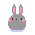 Pixel art bunny with gray body, pink inner ears, red eyes, pink blush marks, and light blue base; one version shows cyan tears streaming down.