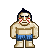 Pixelated character with dark spiky hair, red facial markings, and blue shorts against a gray background.