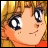 Pixelated anime-style character with blonde hair and large blue eyes, wearing a red top, next to stylized text on a black background.