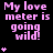 Pixelated pink text "My love meter is going wild!" appears with varying star counts on a black background, transitioning from one to three stars across frames.