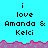 Pixelated text on cyan background with pink and purple wave border; repeated text 'i love Amanda & Kelci' in black pixel font across two