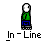 Pixelated character in green shirt and blue pants stands on gray background with 'In-Line' text below, transitioning through multiple poses including seated, standing, and leaning against a railing.