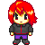 Pixel art character with red hair and black jacket in four sequential poses showing slight body shifts.