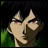 Pixelated anime-style character with dark hair and red eyes, wearing green clothing, next to stylized text on a black background.