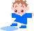 Pixelated cartoon child in blue outfit standing in a puddle, with two sequential poses showing foot movement and facial expression change.