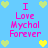 Pixelated blue background with pink text reading "I Love Mychal Forever" and alternating yellow-green heart icons in corners and center.