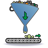 Pixelated blue funnel with green arrow pointing down, positioned above a gray conveyor belt carrying green and yellow items.