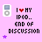 Pixelated image with pink background showing two identical iPod-like devices, text reading "I ❤️ MY IPOD.. END OF DISCUSSION", and small star symbols.