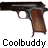 Pixelated static image of a handgun with brown grip and metallic barrel, positioned diagonally against white background, with "Coolbuddy" text below in blocky pixel font.