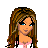 Pixel art of a female character in white top and pink skirt with text overlays on pink backgrounds.