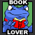 A 2x2 contact sheet of a pixelated blue frog character holding a red book, with visible animation frames showing eye and mouth changes across three sampled frames.
