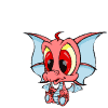 A small red dragon with light blue wings and a striped body appears in multiple poses showing eye expressions changing from wide open to closed.