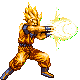 Pixelated character in orange gi with blue accents firing energy blast, transitioning from green-tinged to white-yellow blast across frames.