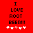 Red background with black text "I LOVE ROOT BEER!!!" and six white hearts below, one pink heart in the middle.