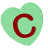 Green heart-shaped object with red letter C, shown from multiple angles in a