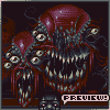 Pixelated horror creature with multiple eyes, dripping mouth, and red bulbous growths on a dark background.