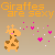 Pixelated giraffe with brown spots and pink cheeks stands against a beige background, surrounded by floating pink hearts and white dots.