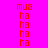 A static image with a bright pink background and red text reading "mua" and "ha" , intersected by light blue rectangular blocks
