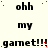 A static image displays repeated text 'ohh my gamet!!!' in black pixelated font on a light background with scattered red dots.
