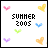 Animated sequence of 'SUMMER 2005' text with changing letter colors, surrounded by small heart and bird icons on a white background.
