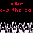 Red pixelated text 'mike' and 'cks the pocks the p' on black background above grayscale crowd of raised hands.