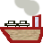 Pixelated red ship with two black-and-white cabins, a smokestack emitting gray smoke, and a beige hull on white background.