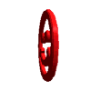 Red circular smiley face icon with two dots for eyes and a curved mouth, rotating through three-dimensional views.