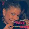 A pixelated close-up of a person with short hair holding a striped object near their mouth, with red text and a heart symbol visible.