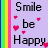 A 4-frame animated contact sheet showing a pixel art icon with purple background, black text "Smile be Happy" repeated twice per frame, and pink heart symbols scattered across the scene. The animation cycles through different heart positions while maintaining consistent text layout.